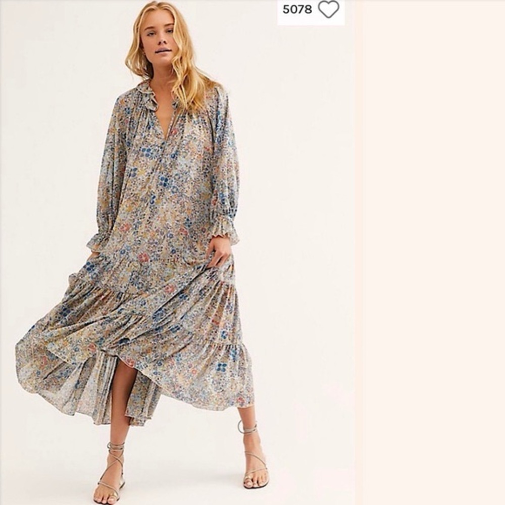 Free People Blue Gray Ruffled Tiered Sundress